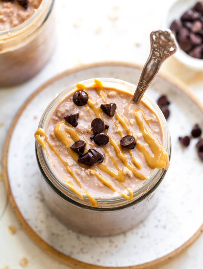 Chocolate Peanut Butter Overnight Oats Topped with Chocolate Chips
