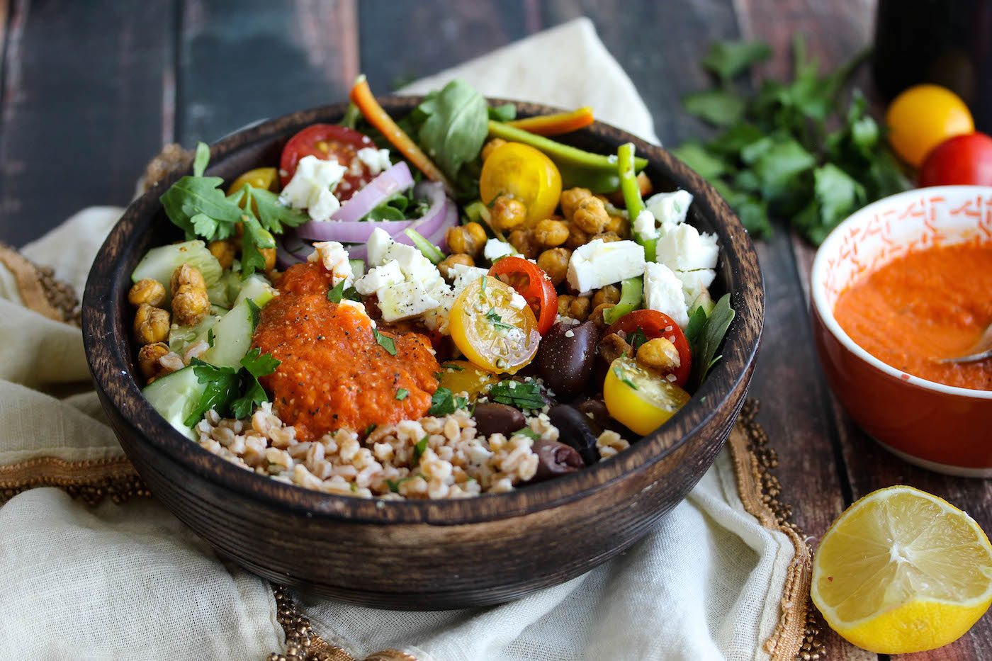 Mediterranean Power Bowls with Smoky Red Pepper Sauce | Dishing Out Health