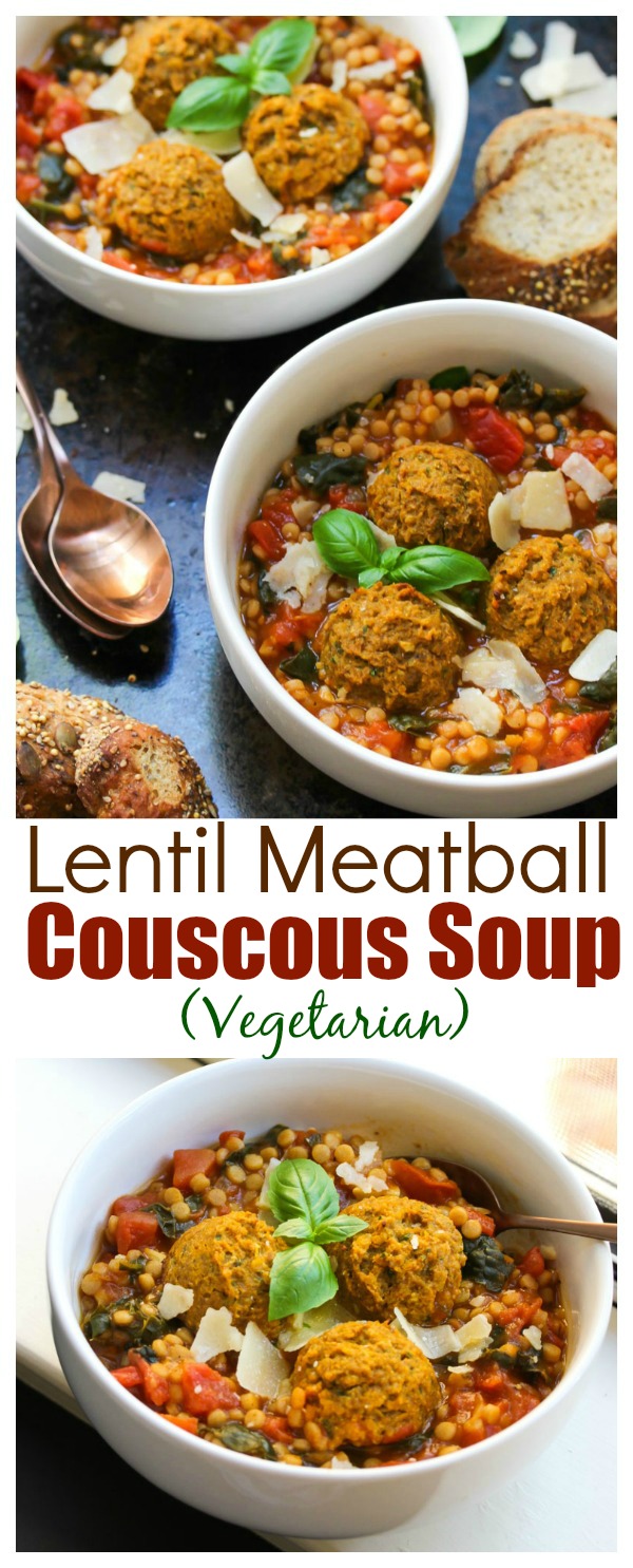 Lentil Meatball Couscous Soup; Vegetarian, hearty and nutritious | dishingouthealth.com
