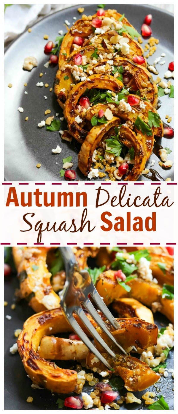 Autumn Delicata Squash Salad with goat cheese, herbs, nuts, quinoa and balsamic. Vegetarian and gluten-free. | dishingouthealth.com