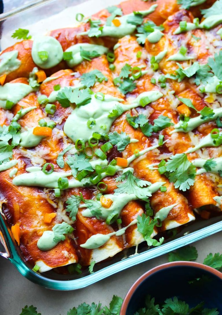 Turkey and Sweet Potato Enchiladas with Avocado Cream Dishing Out Health
