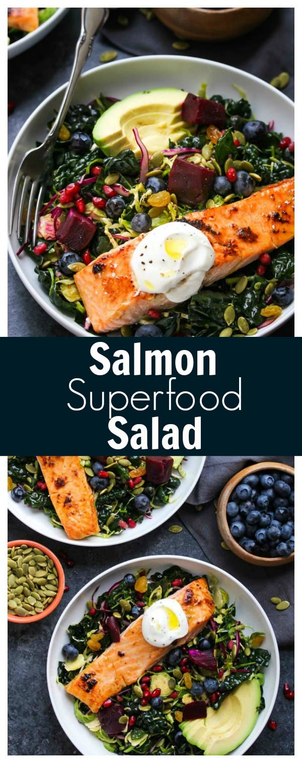 Salmon Superfood Salad (gluten free, dairy free) | dishingouthealth.com