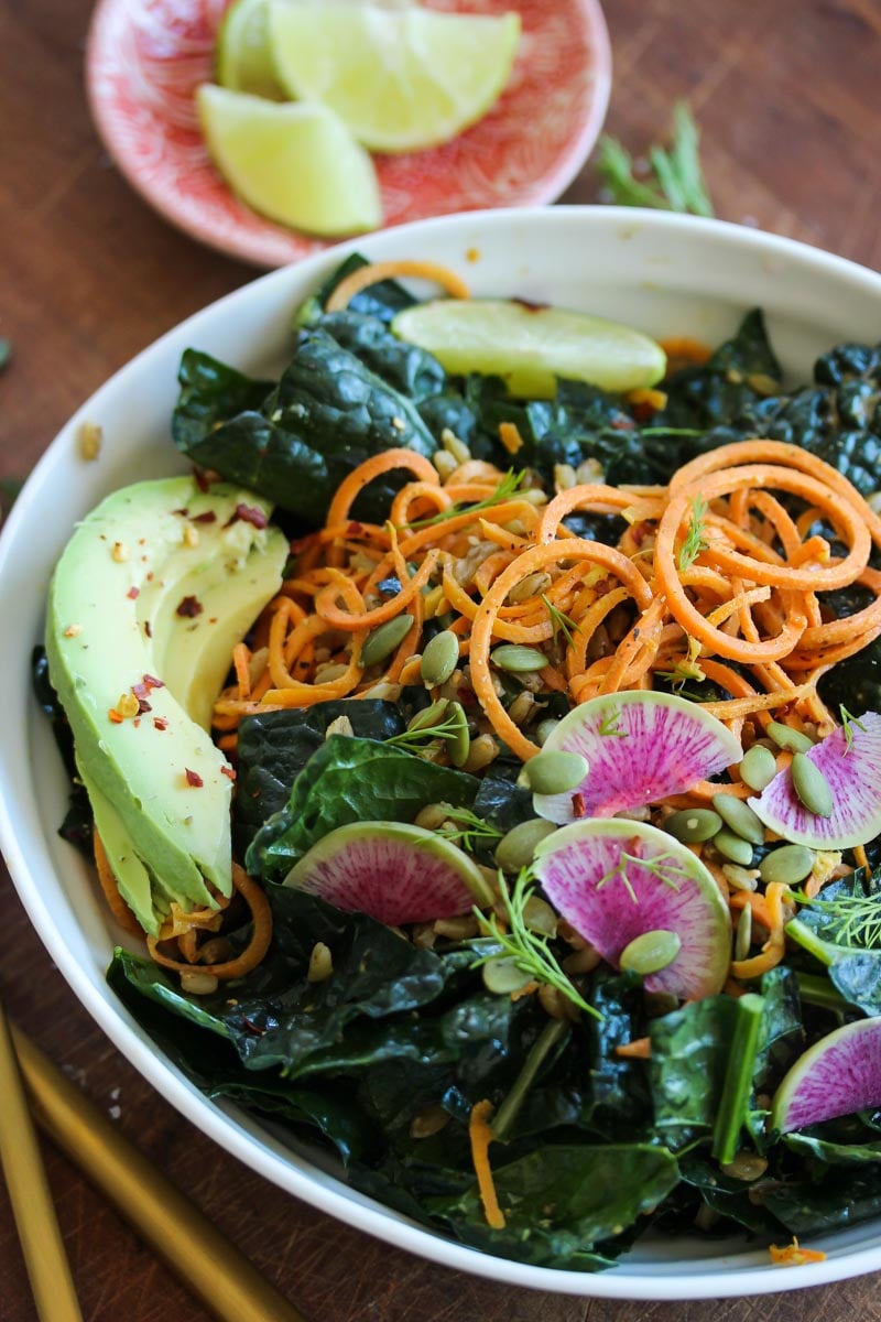 Sweet Potato Kale Salad with Almond Butter Dressing Dishing Out Health