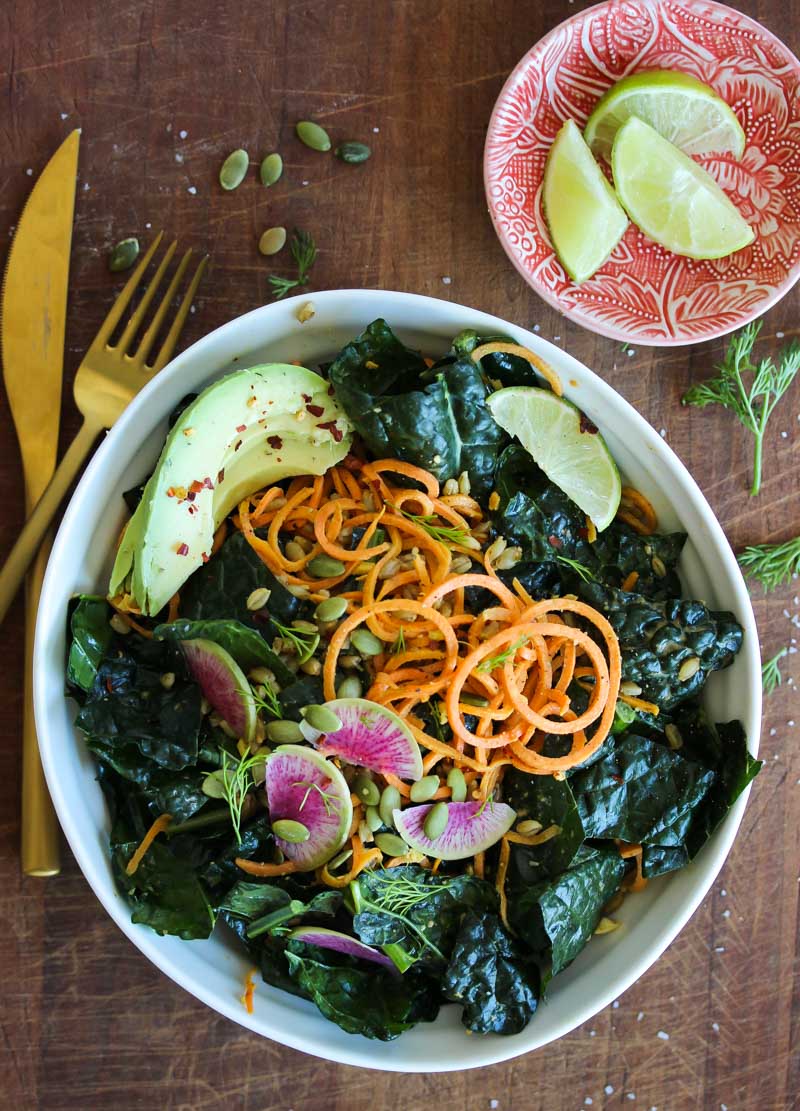 Sweet Potato Kale Salad with Almond Butter Dressing Dishing Out Health
