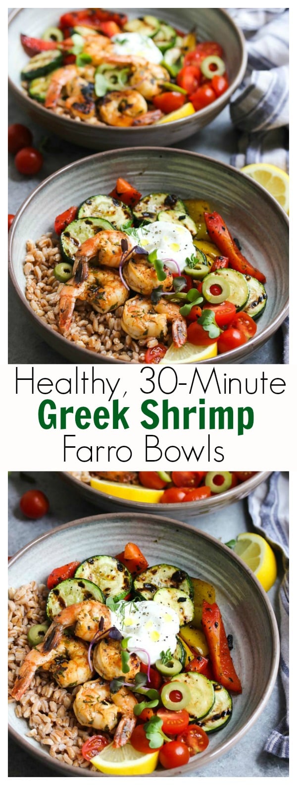 30-Minute Greek Shrimp and Farro Bowls | dishingouthealth.com