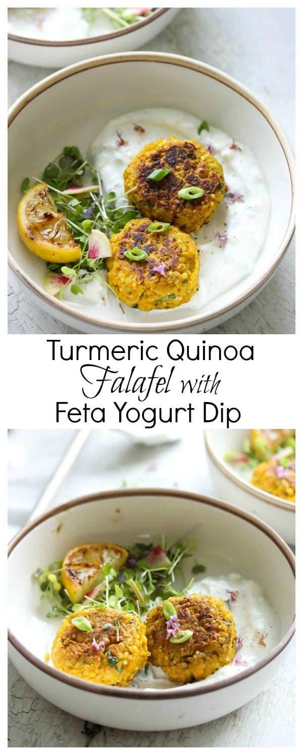 Turmeric Quinoa Falafel with Feta Yogurt Dip | dishingouthealth.com