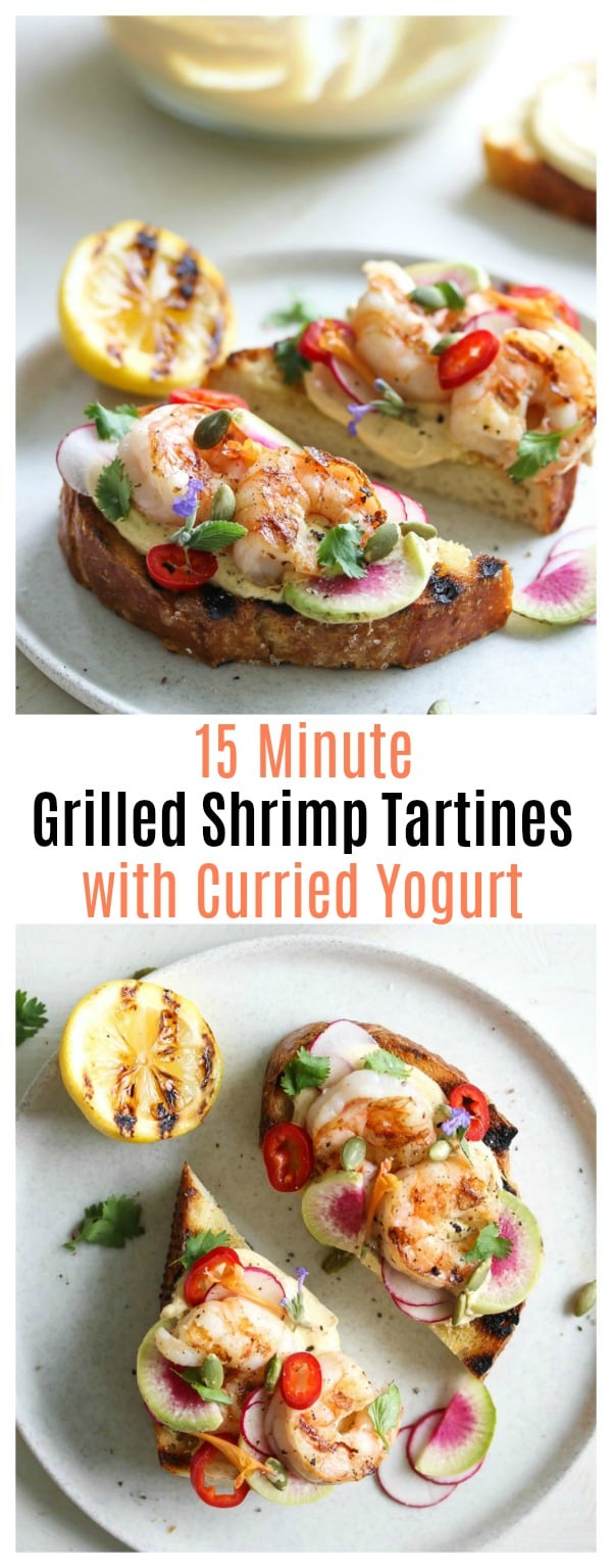 15-Minute Grilled Shrimp Tartines with Curried Yogurt | dishingouthealth.com