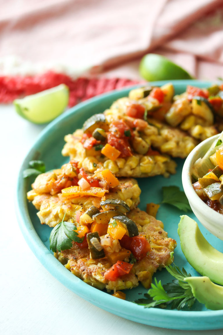 Chive Corn Fritters with Roasted Zucchini Salsa Dishing Out Health
