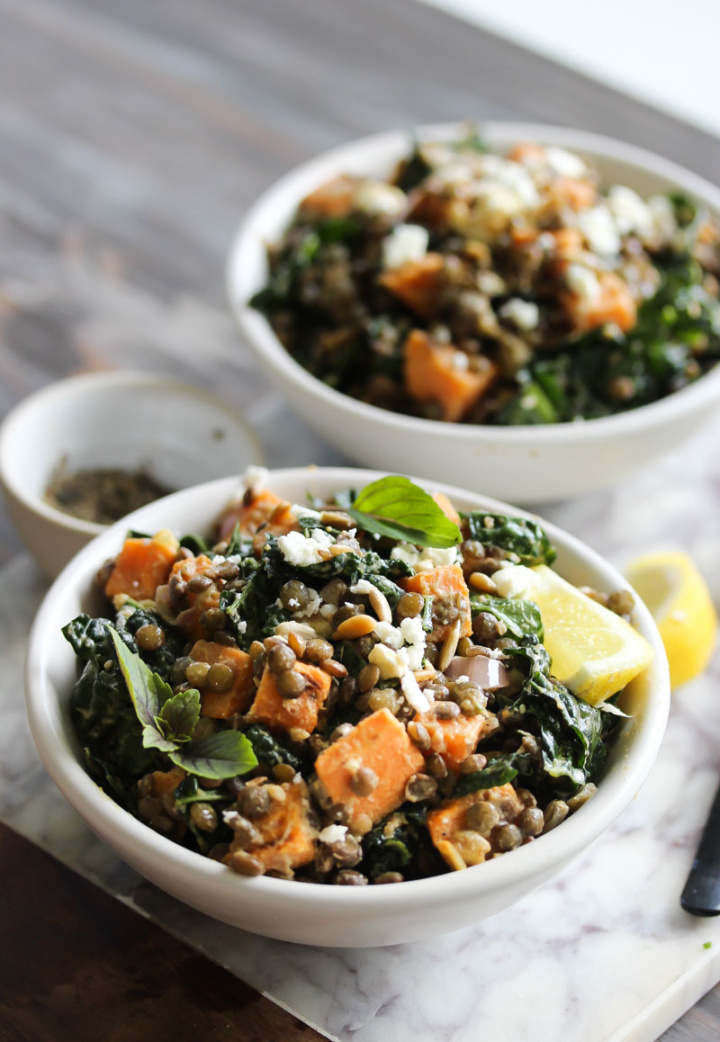 Lentil Kale Salad with Sweet Potato and Tahini Dishing Out Health