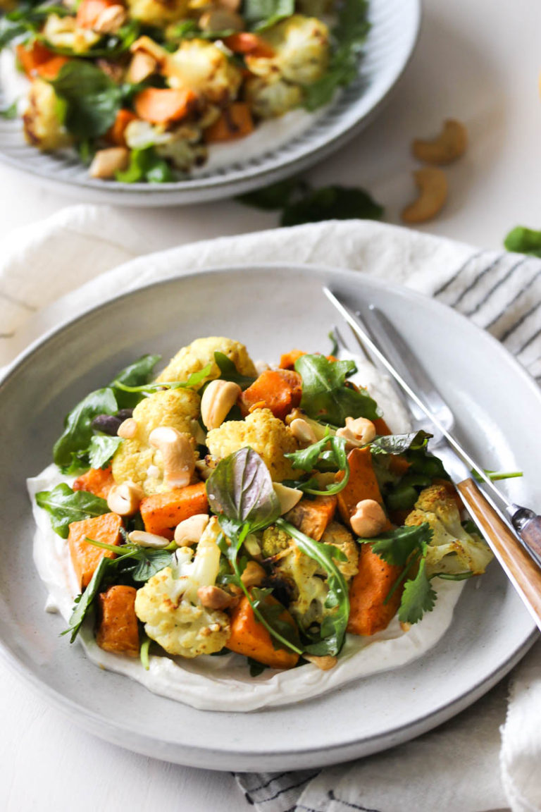 Curried Cauliflower and Sweet Potato Bowls with Cumin Yogurt Dishing