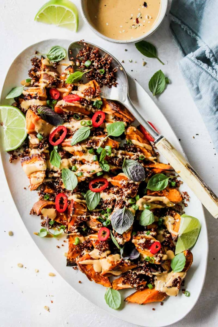 Roasted Sweet Potato Wedges with Asian Peanut Sauce Dishing Out Health