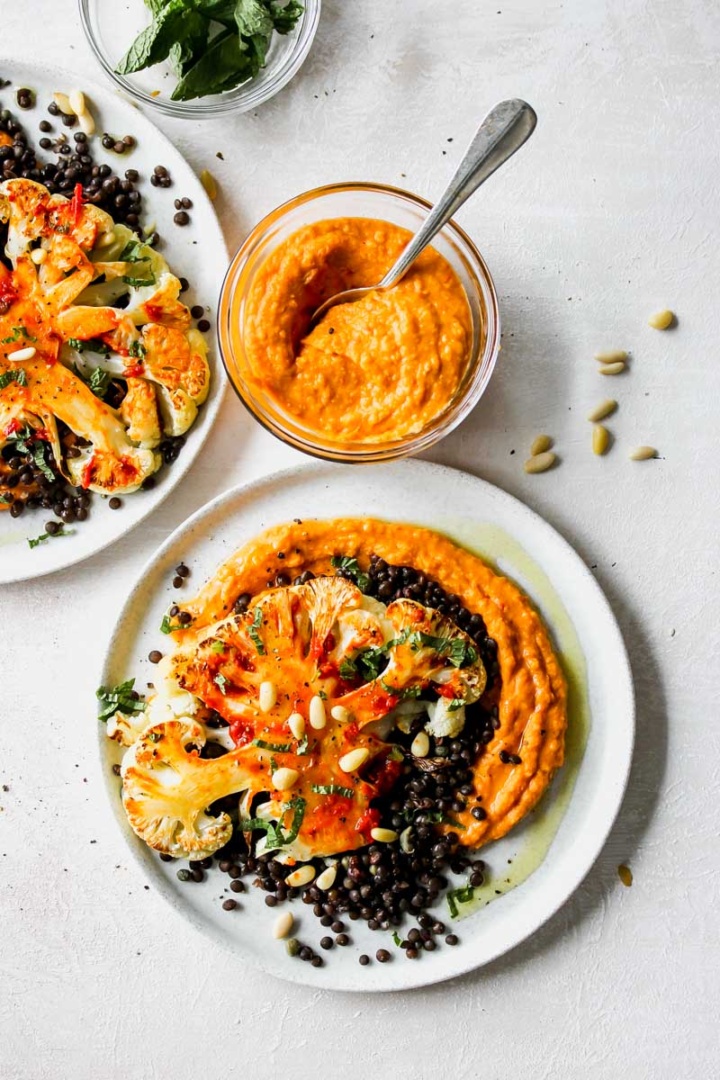 Cauliflower Steaks with LemonCaper Lentils and Harissa "Hummus