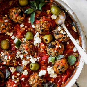 Vegetarian Mushroom Meatballs in Spanish Olive-Tomato Sauce