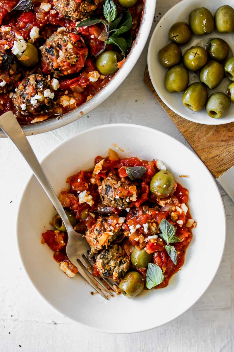 Vegetarian Mushroom Meatballs in Spanish Olive-Tomato Sauce