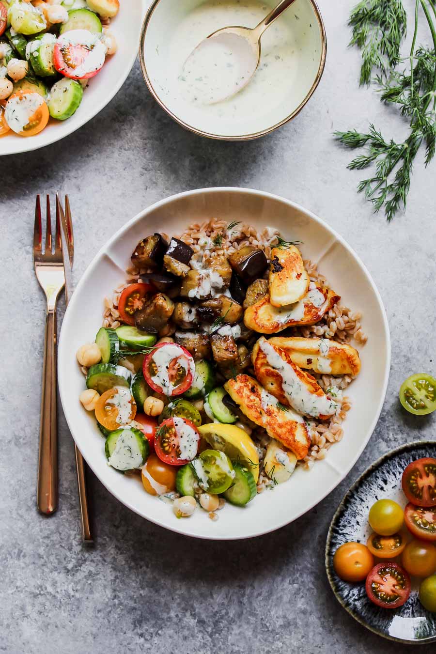 Mediterranean Eggplant and Halloumi Bowls with LemonDill Sauce