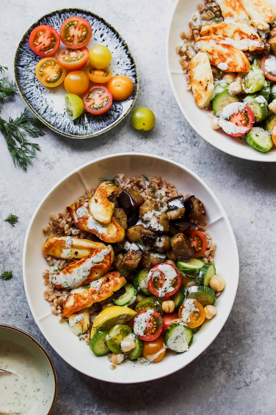 Mediterranean Eggplant and Halloumi Bowls with LemonDill Sauce