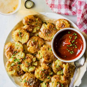 Salt and Vinegar Smashed Potatoes with Miso Ketchup