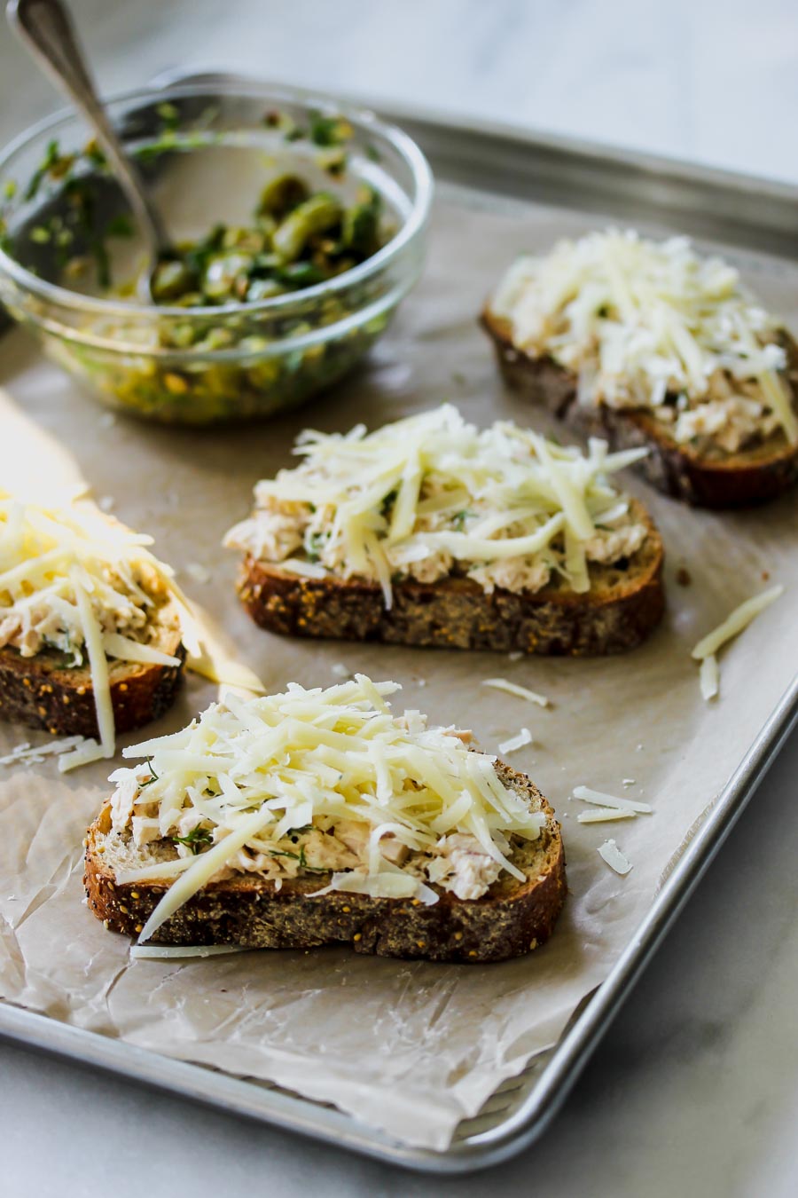 Cheesy Tuna Toasts with Olive Salsa Dishing Out Health