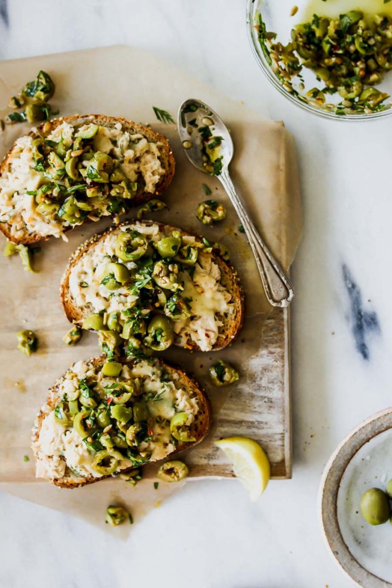Cheesy Tuna Toasts with Olive Salsa Dishing Out Health