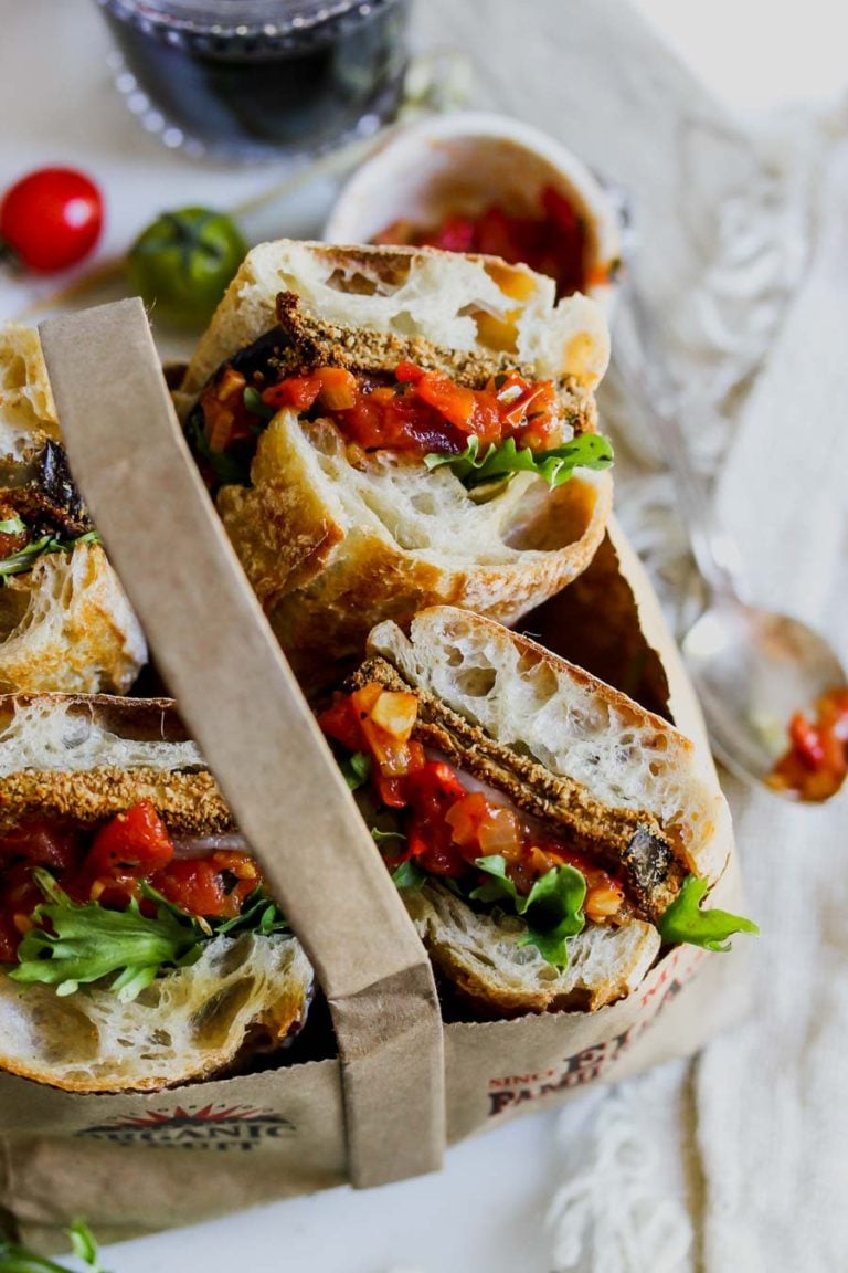 Crispy Eggplant Sandwiches with TomatoTarragon Relish Dishing Out Health
