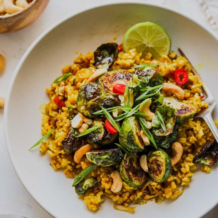Sprouts Rice Bowl Curried Brown Butter Rice Bowls with Crispy Sprouts - Dishing Out Health