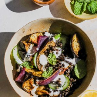 Roasted Eggplant and Lentil Bowls with Cardamom Yogurt