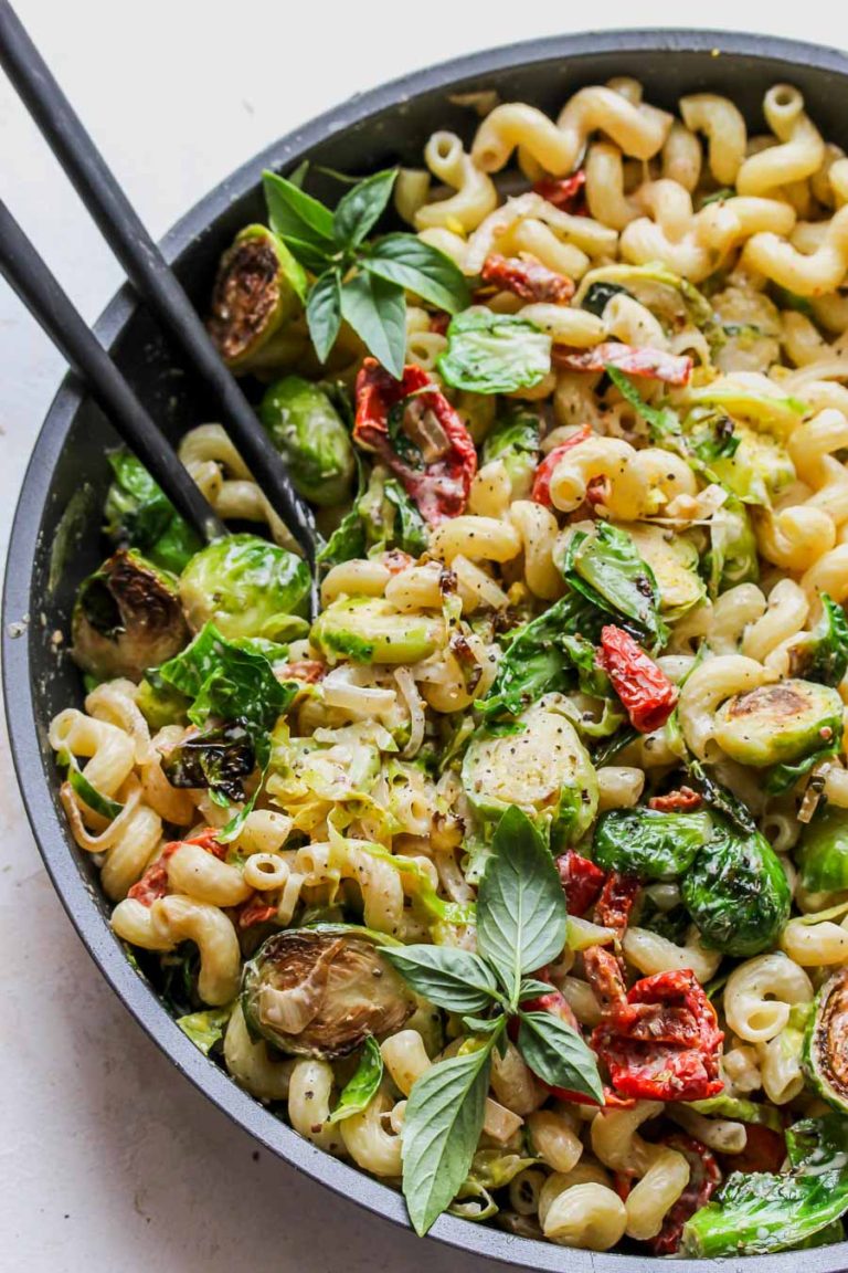 30 Minute Creamy Goat Cheese Pasta with Brussels Dishing Out Health