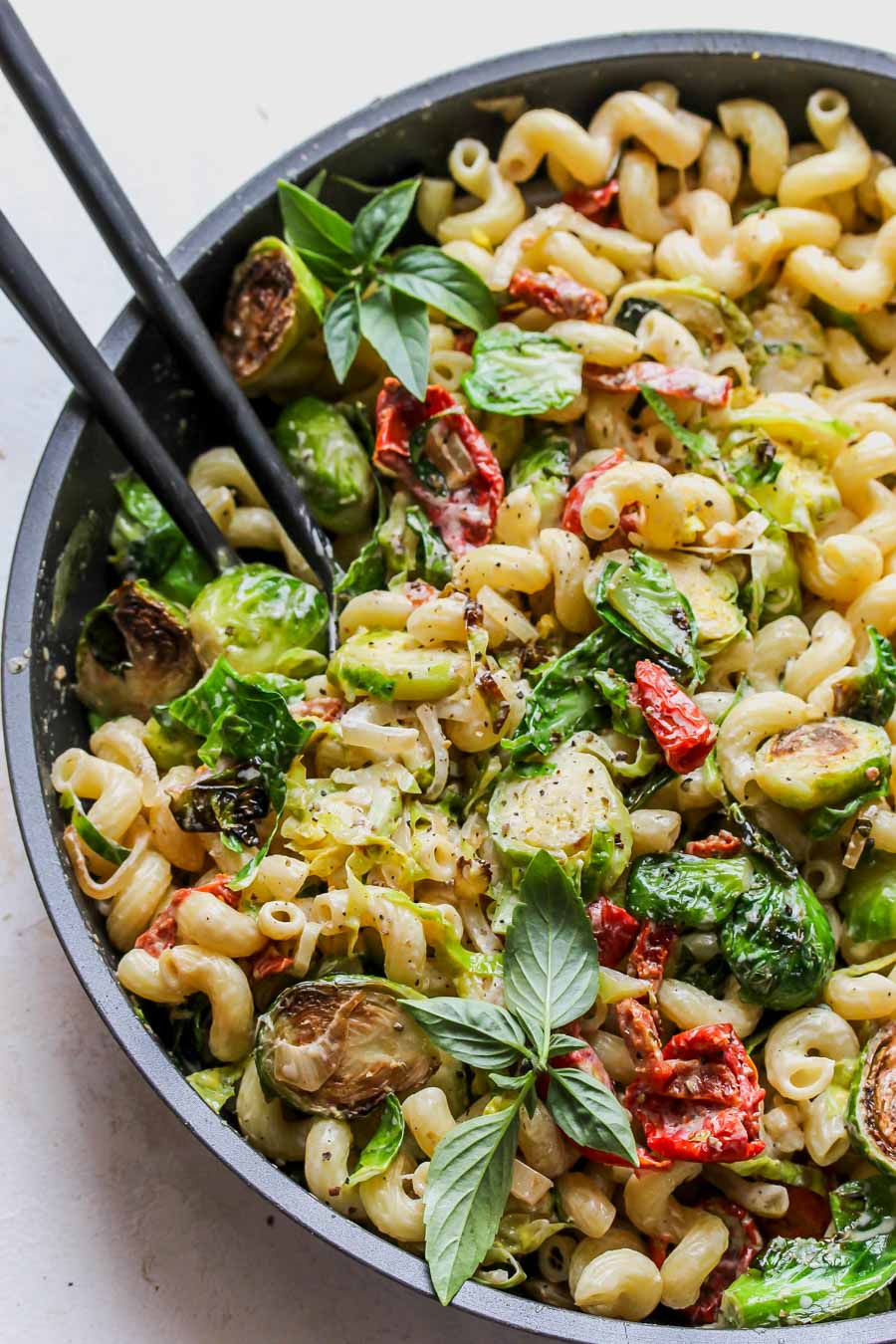 30 Minute Creamy Goat Cheese Pasta with Brussels - Dishing Out Health