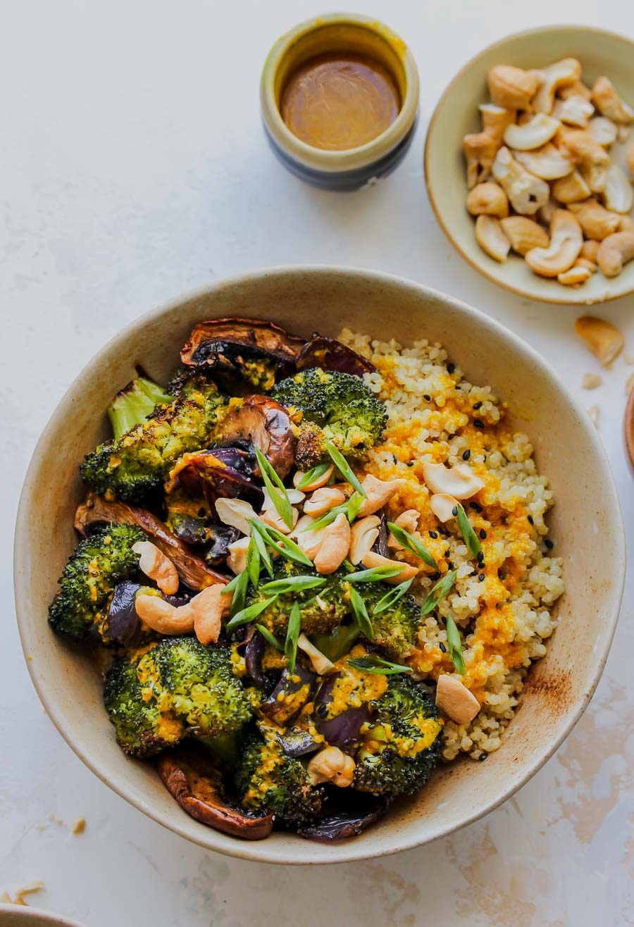 Roasted Veggie Quinoa Bowls with MisoTurmeric Vinaigrette Dishing