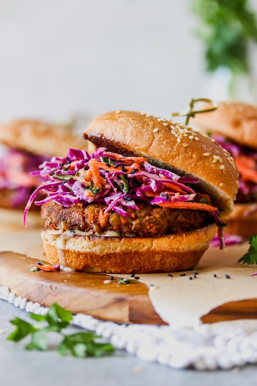 Spiced lentil burgers with tahini slaw