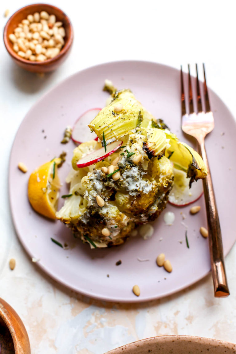 PestoRoasted Whole Cauliflower with Creamy Garlic Sauce Dishing Out Health