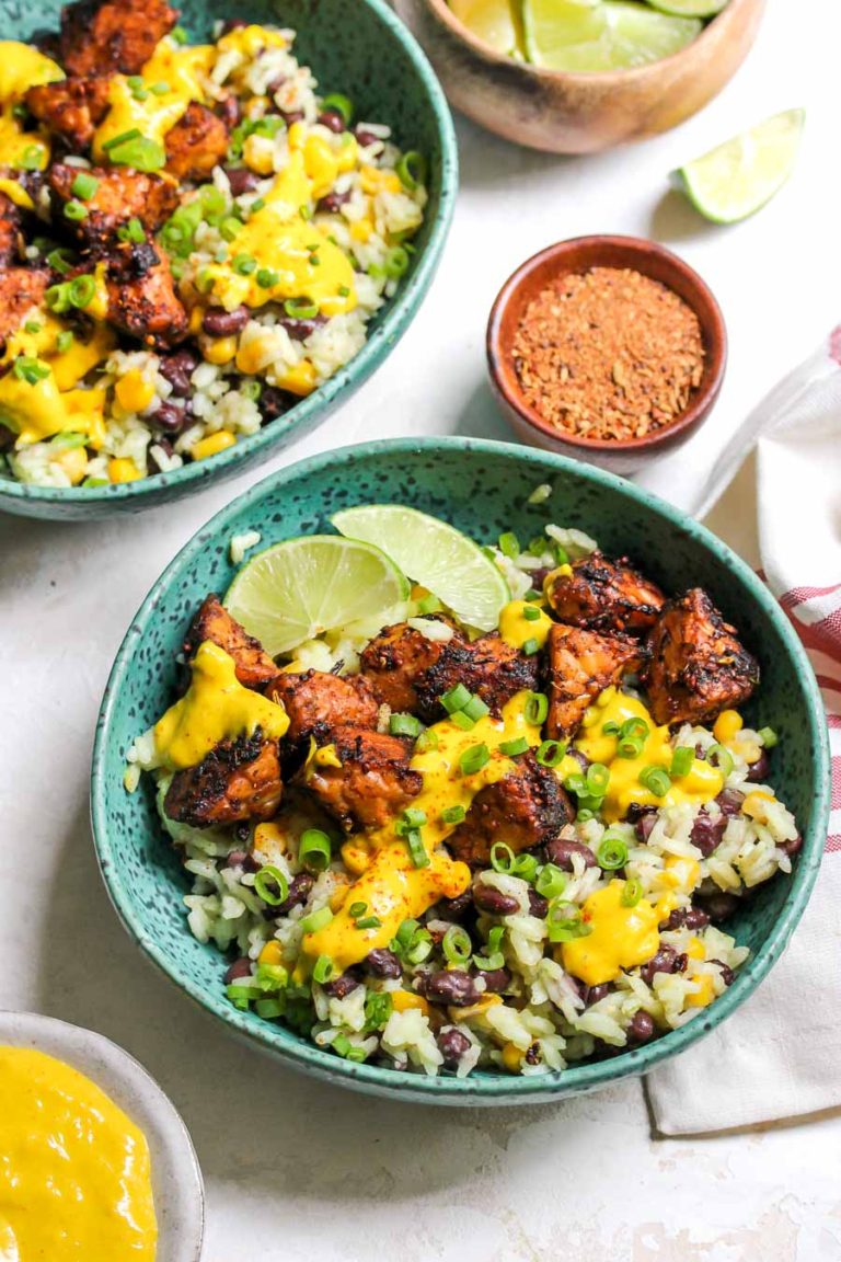 Jerk Tempeh Bowls with MangoTahini Sauce Dishing Out Health