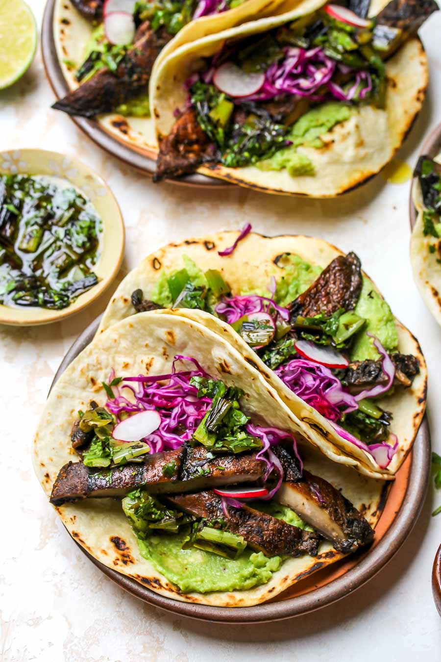 Portobello Tacos with Charred Scallion Salsa Verde - Dishing Out Health