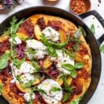 Skillet Pizza with Homemade BBQ Sauce, Peaches, Burrata, and Basil