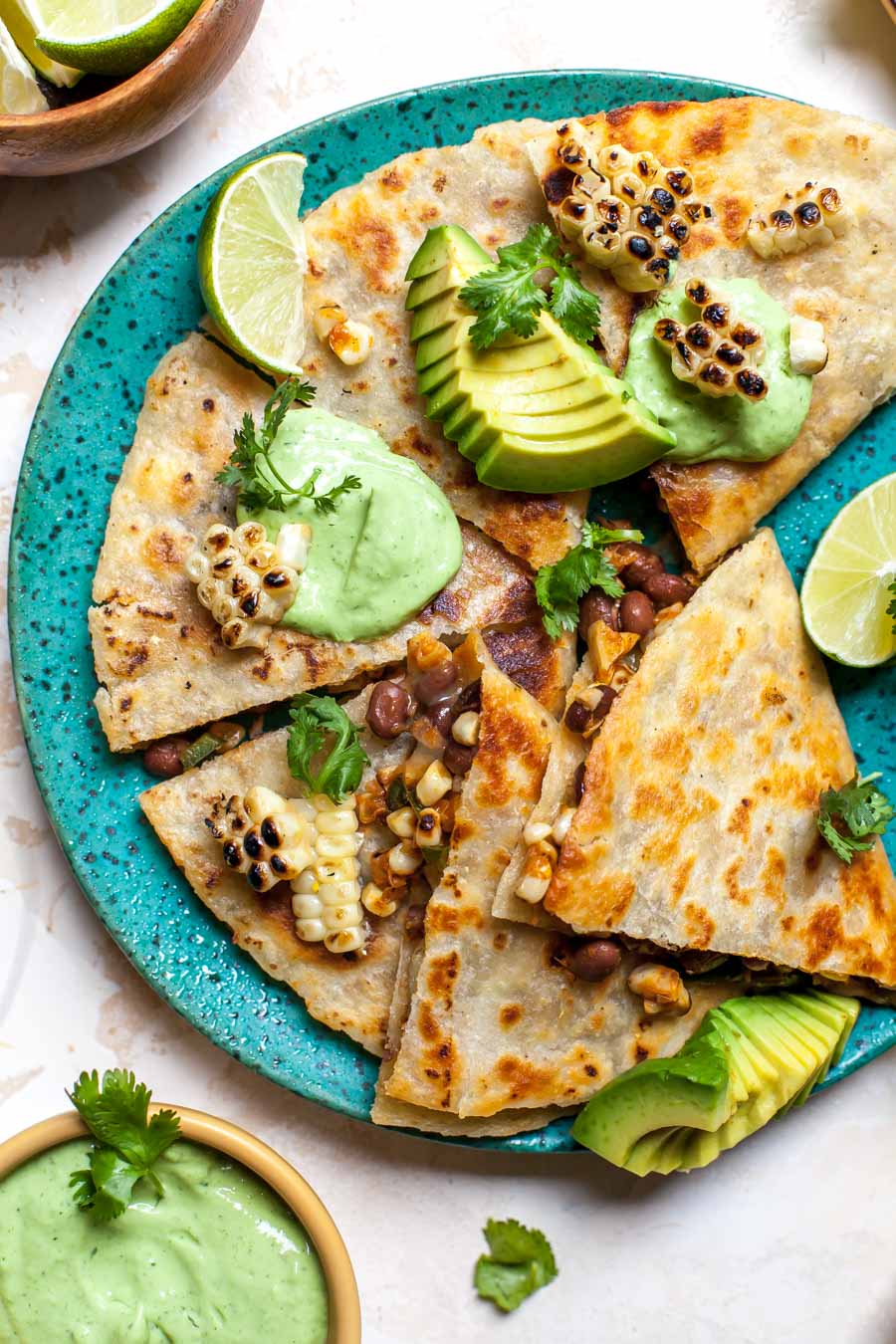 Elote Corn Quesadillas with Avocado Cream - Dishing Out Health