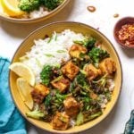 Crispy Tofu with Broccoli, Scallions, Rice and Almond Butter Sauce