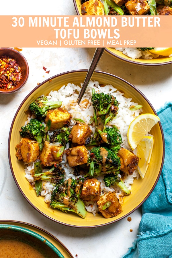 Meal Prep Crispy Tofu with Almond Butter Sauce and Broccoli