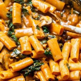 Rigatoni with Pumpkin alla Vodka Sauce, Kale, and Mushrooms