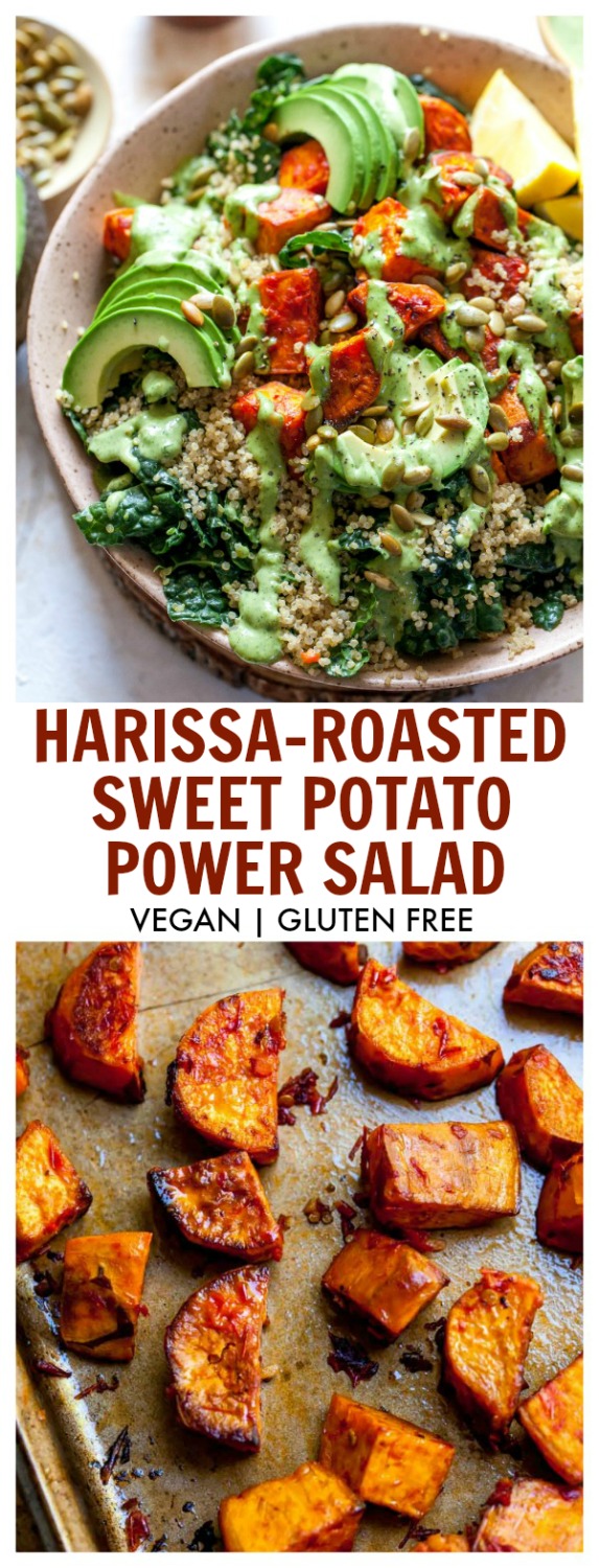 Meal Prep Kale Salad with Quinoa, Harissa-Roasted Sweet Potatoes and Parsley Tahini Dressing