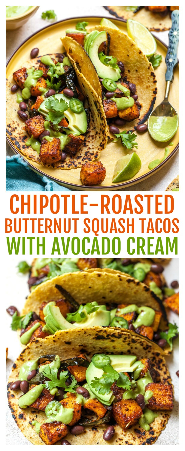 Roasted Butternut Squash Tacos with black beans and avocado cream sauce (vegan)