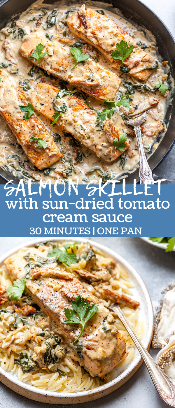 One Pan Salmon Dinner with Spinach, Garlic, and Sun-Dried Tomato Cream Sauce