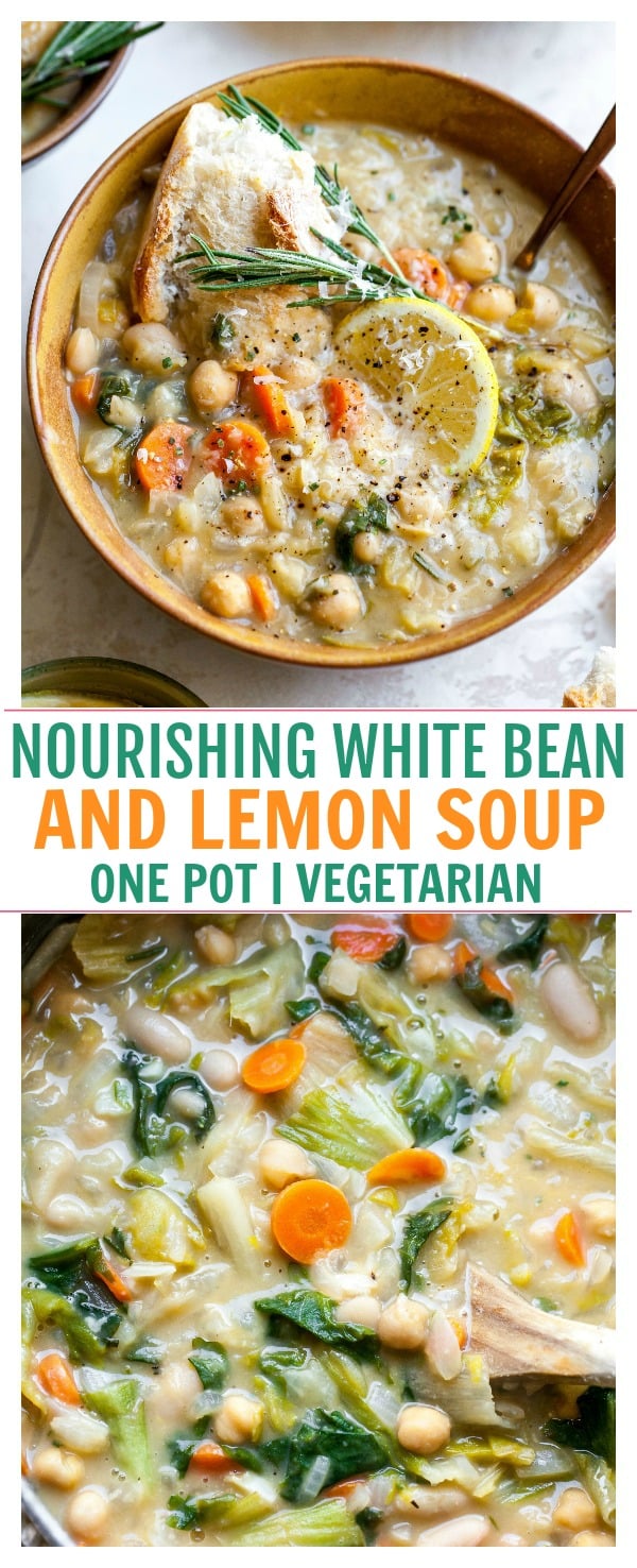 One Pot Vegetarian Soup with White Beans, Lemon, Rosemary, and Parmesan