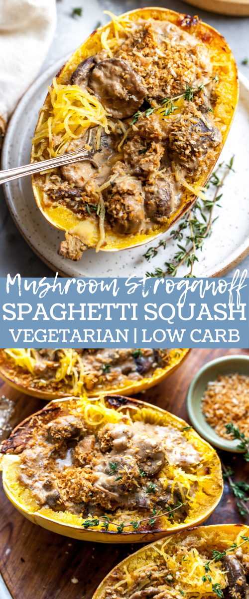 Vegetarian Mushroom Stroganoff Stuffed Spaghetti Squash (Low Carb)