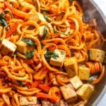 Sweet Potato Noodles with Crispy Tofu and Coconut Curry Sauce