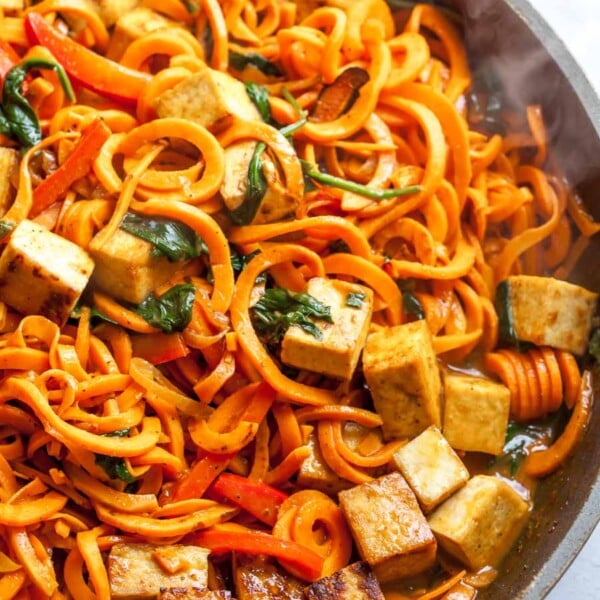 Sweet Potato Noodles with Crispy Tofu and Coconut Curry Sauce