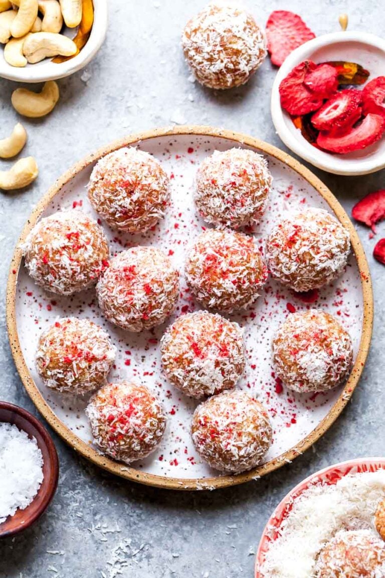 Strawberries and Cream Energy Balls Dishing Out Health