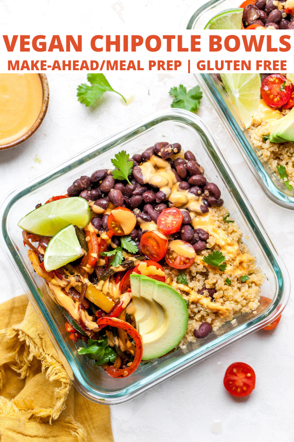 Meal Prep Vegan Chipotle Bowls with Cilantro-Lime Quinoa, Black Beans, Fajita Veggies, and Chipotle Cashew Cream