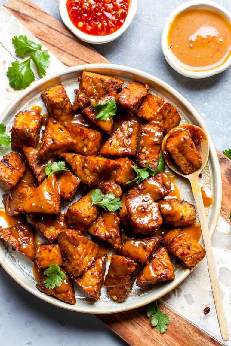 Marinated Peanut Baked Tempeh Dishing Out Health