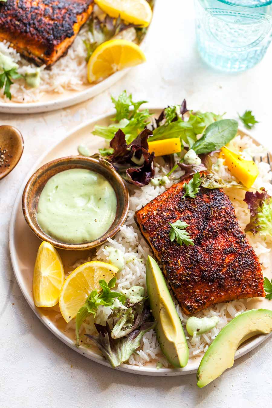 Blackened Salmon with Avocado Ranch - Dishing Out Health