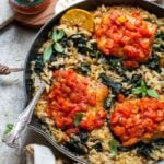 Salmon and orzo topped with tomato bruschetta